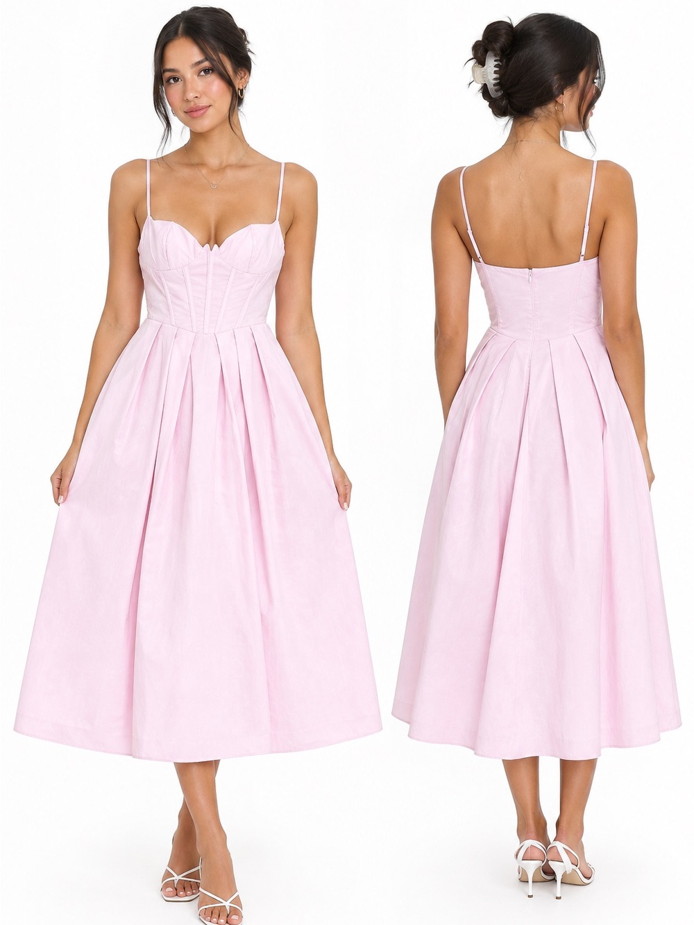 SHEIN Pale Pink Sweetheart Corset Midi Dress with Pleated Skirt